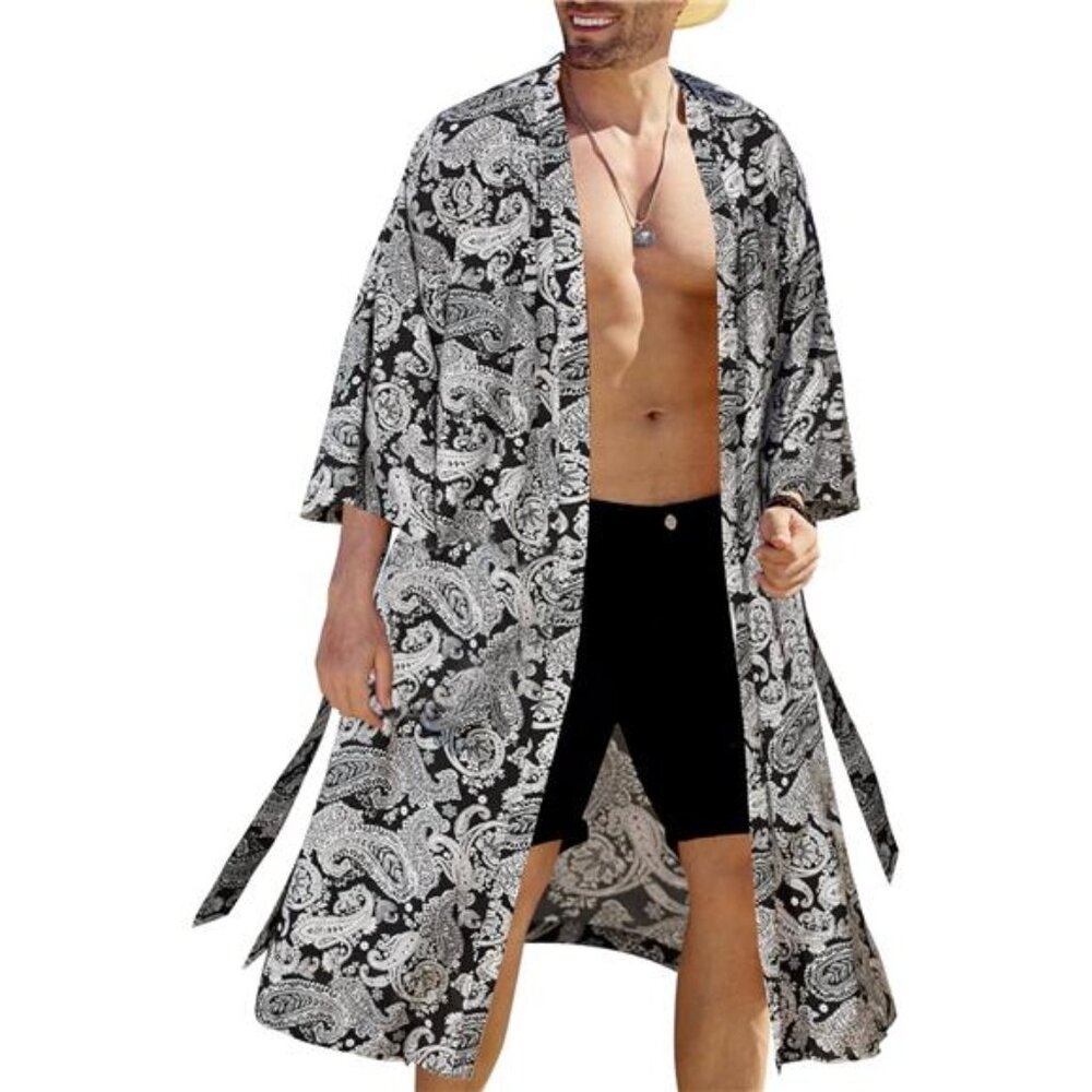 Mens Kimono Robe Japanese Style Bathrobe Lightweight Open Front Cardigan with Be